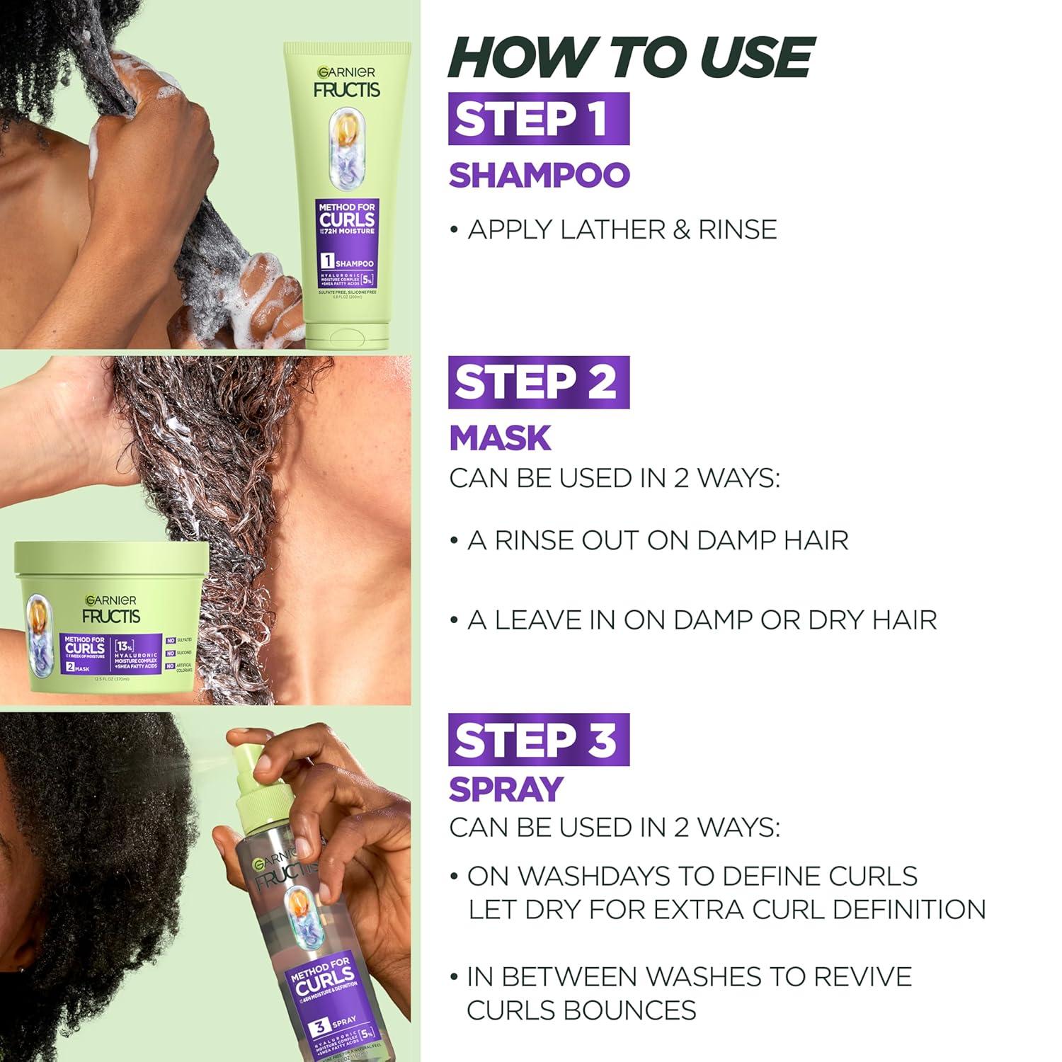 imageGarnier Fructis Method for Curls Curly Hair Products Moisture Filling Shampoo Hair Mask and Curl Refresher Spray Designed and Tested for 2C to 4C Curls and Coils 1 Kit