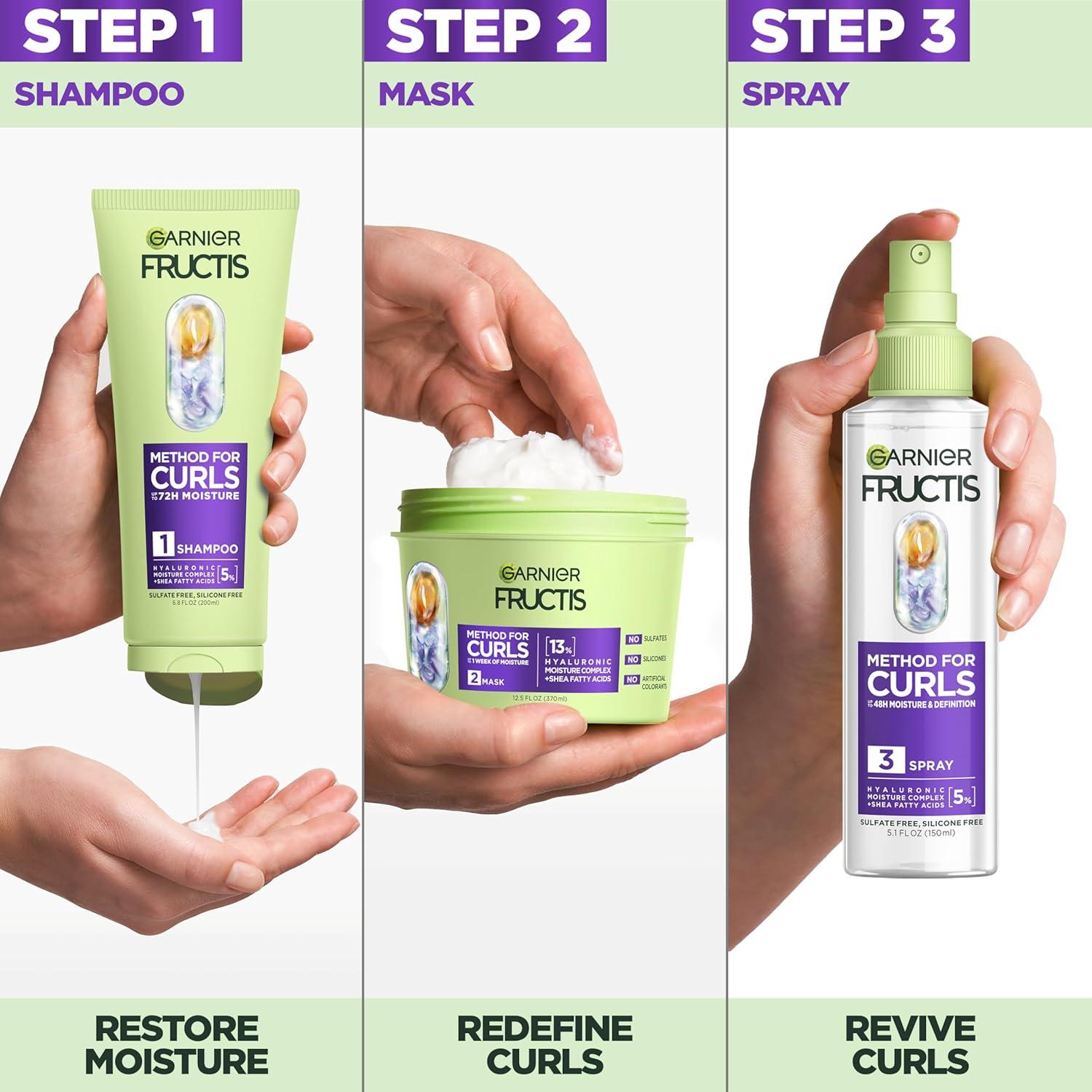 imageGarnier Fructis Method for Curls Moisture Refreshing Curl Activator Curl Refresher Spray with up to 5 Hyaluronic Moisture Complex Designed and Tested for 2C to 4C Curls and Coils 125 fl oz