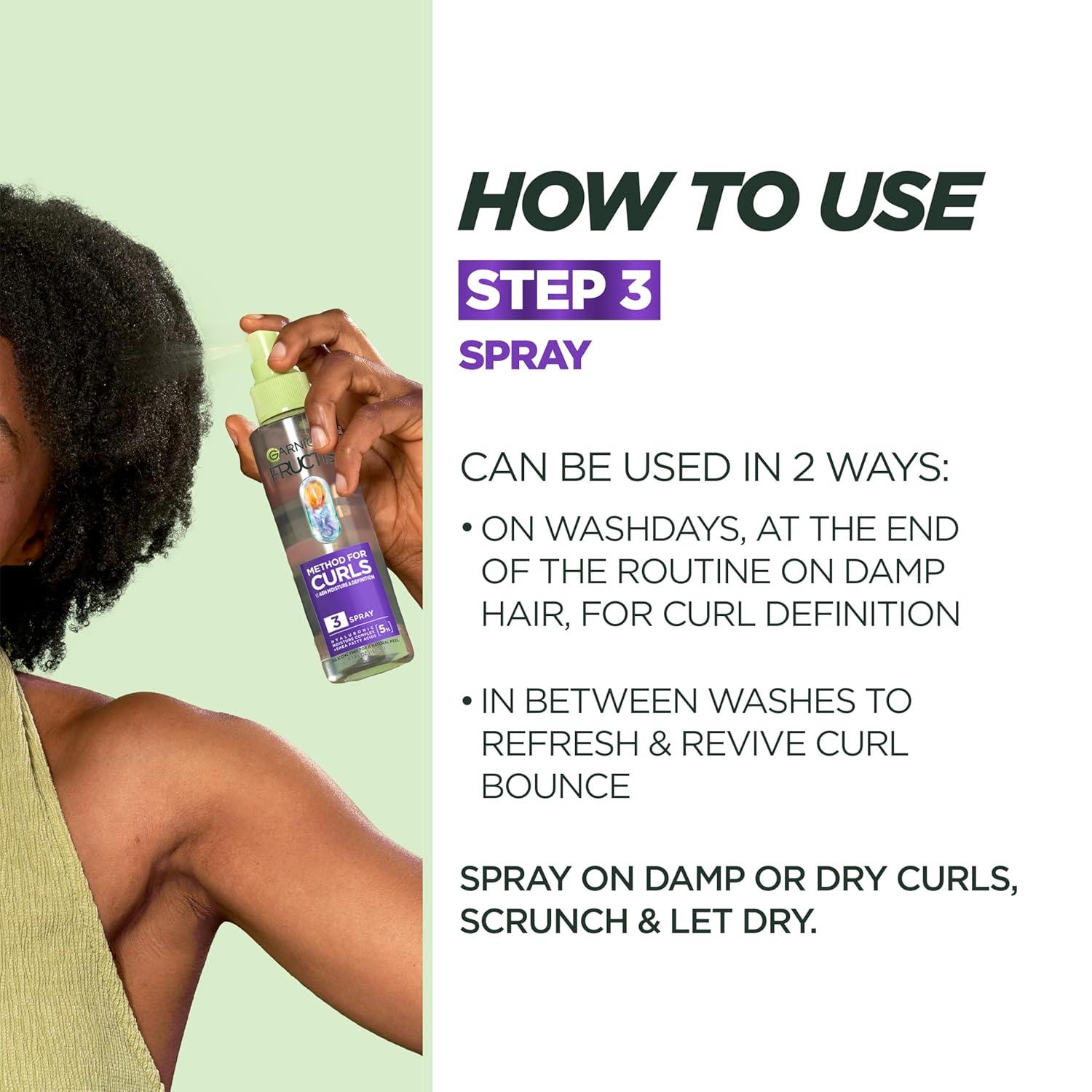 imageGarnier Fructis Method for Curls Moisture Refreshing Curl Activator Curl Refresher Spray with up to 5 Hyaluronic Moisture Complex Designed and Tested for 2C to 4C Curls and Coils 125 fl oz