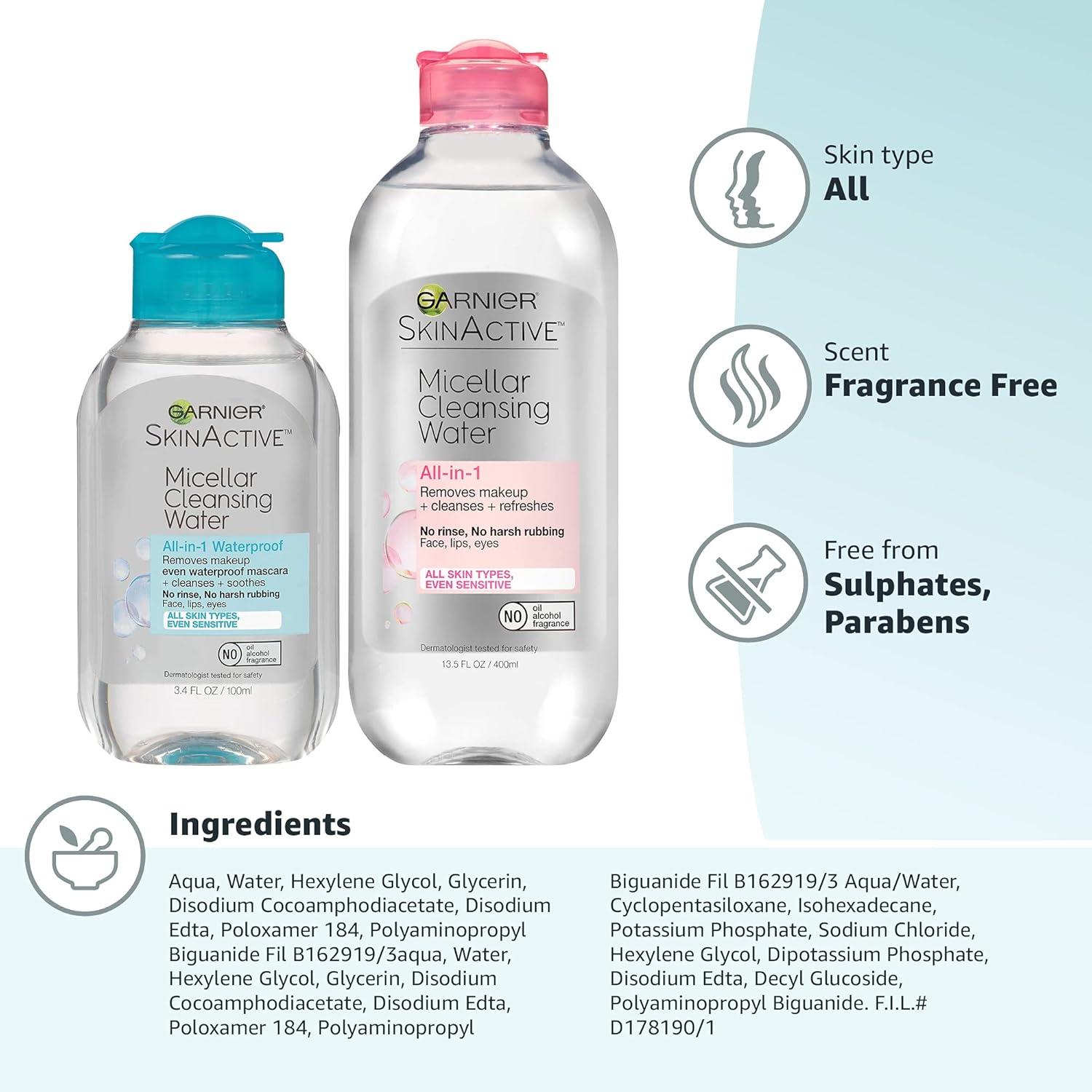 imageGarnier Micellar Cleansing Water For All Skin Types 135 fl oz  Micellar Cleansing Water For Waterproof Makeup 34 fl oz