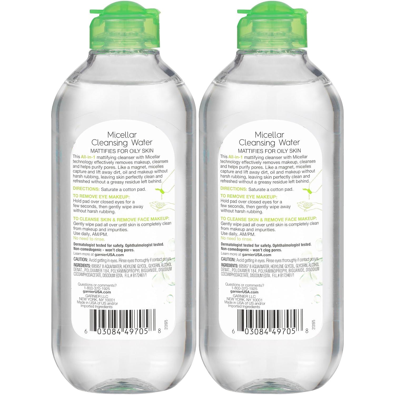 imageGarnier Micellar Water for Oily Skin Facial Cleanser ampamp Makeup Remover Mattifying For All Skin Types Vegan Cruelty Free 135 Fl Oz 400mL 2 CountFragrance free