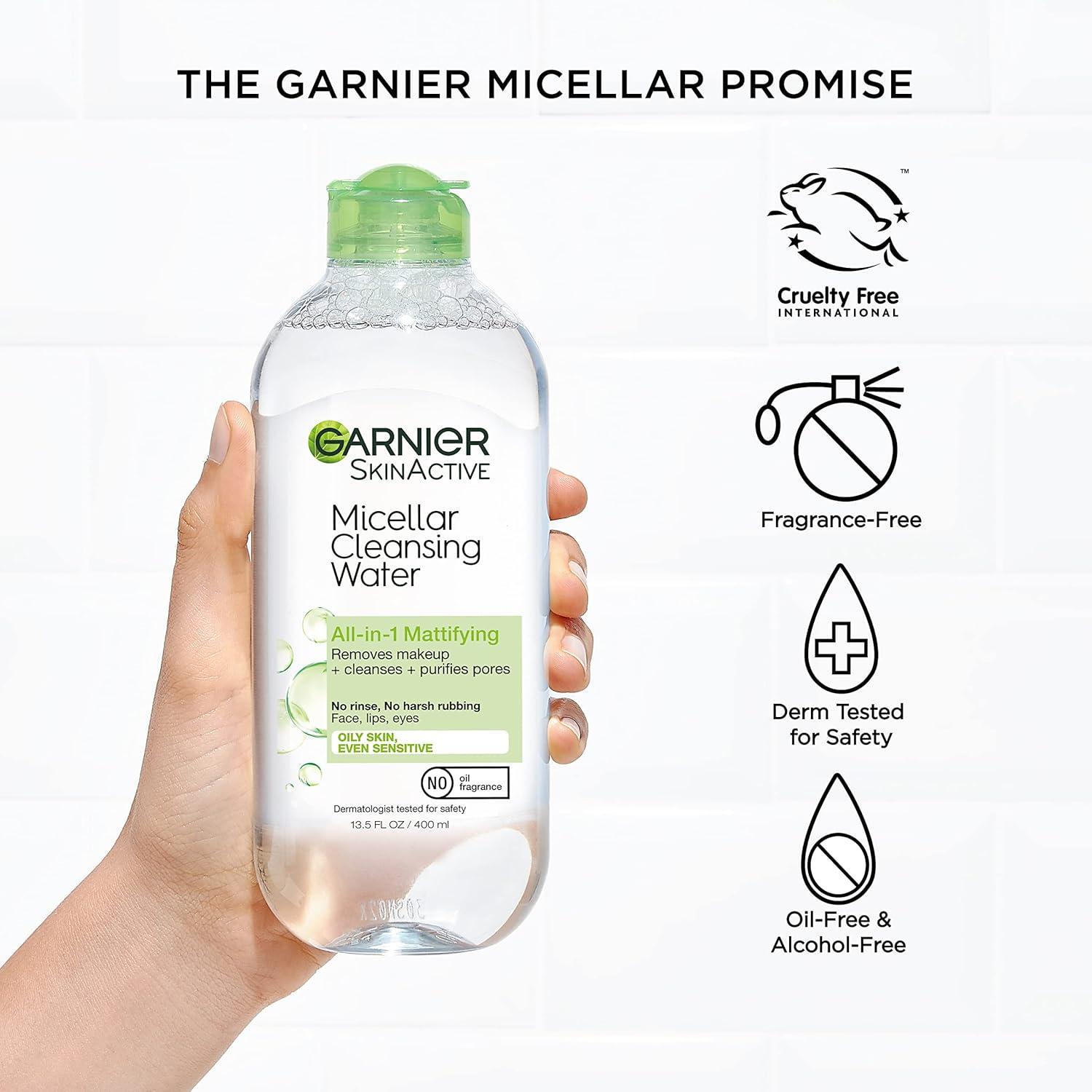 imageGarnier Micellar Water for Oily Skin Facial Cleanser ampamp Makeup Remover Mattifying For All Skin Types Vegan Cruelty Free 135 Fl Oz 400mL 2 CountFragrance free