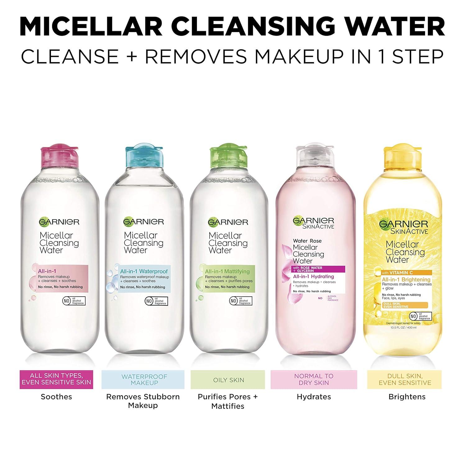 imageGarnier Micellar Water for Waterproof Makeup Hydrating Facial Cleanser ampamp Makeup Remover Suitable for Sensitive Skin Vegan Cruelty Free 135 Fl Oz 400mL 2 Count34 Fl Oz Pack of 3