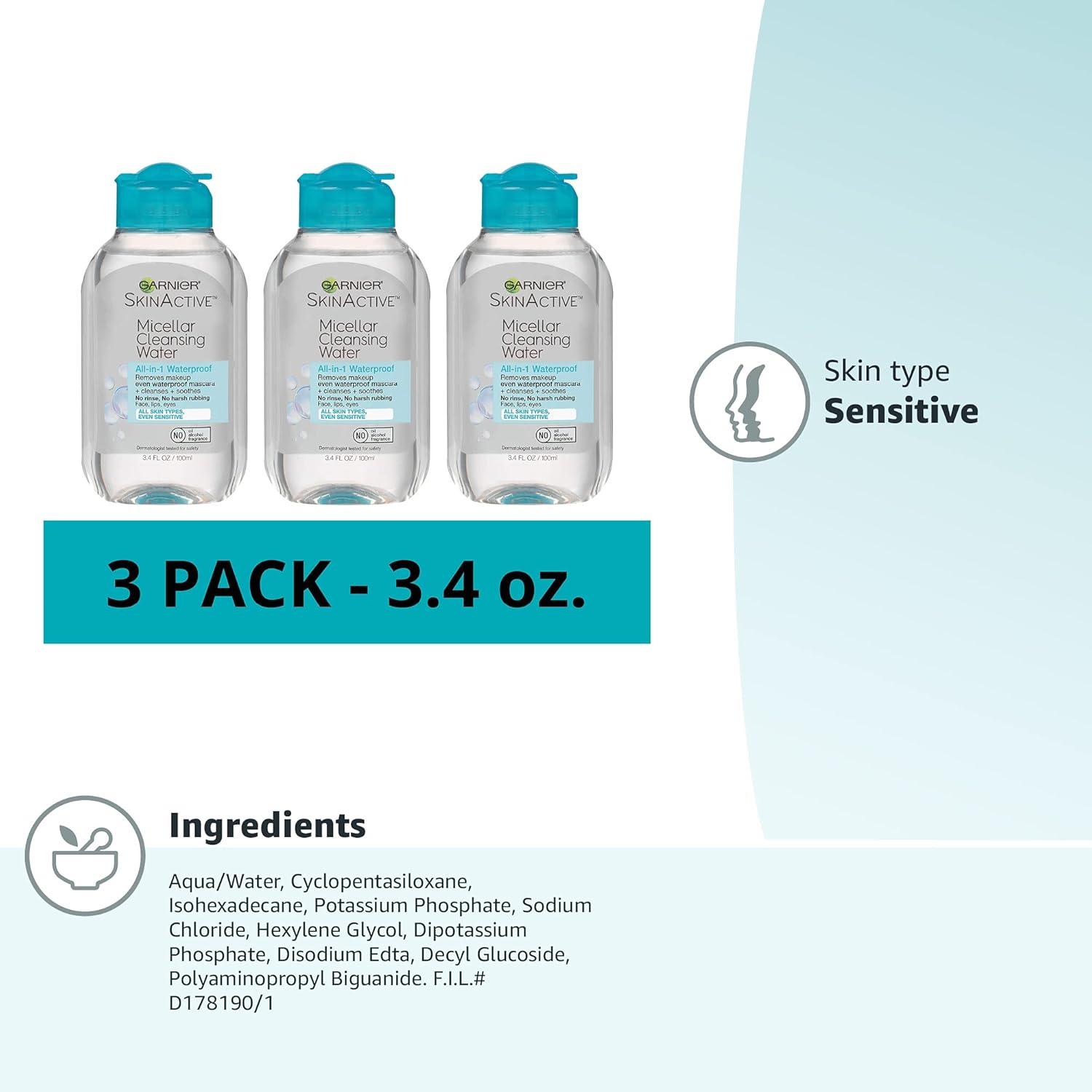 imageGarnier Micellar Water for Waterproof Makeup Hydrating Facial Cleanser ampamp Makeup Remover Suitable for Sensitive Skin Vegan Cruelty Free 135 Fl Oz 400mL 2 Count34 Fl Oz Pack of 3