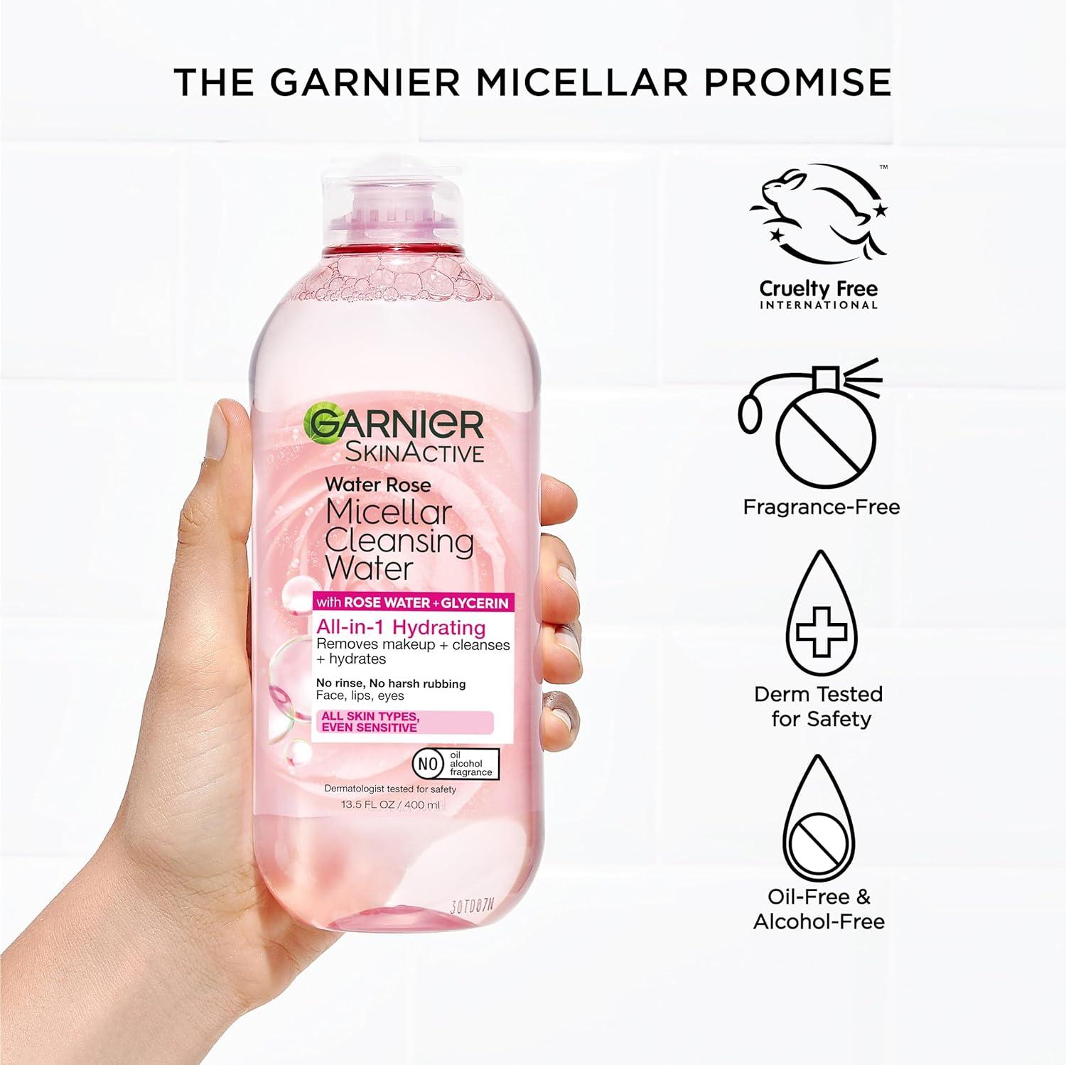 imageGarnier Micellar Water with Rose Water and Glycerin Hydrating Facial Cleanser ampamp Makeup Remover For All Skin Types Vegan Cruelty Free 135 Fl Oz 400mL 2 CountUnscented
