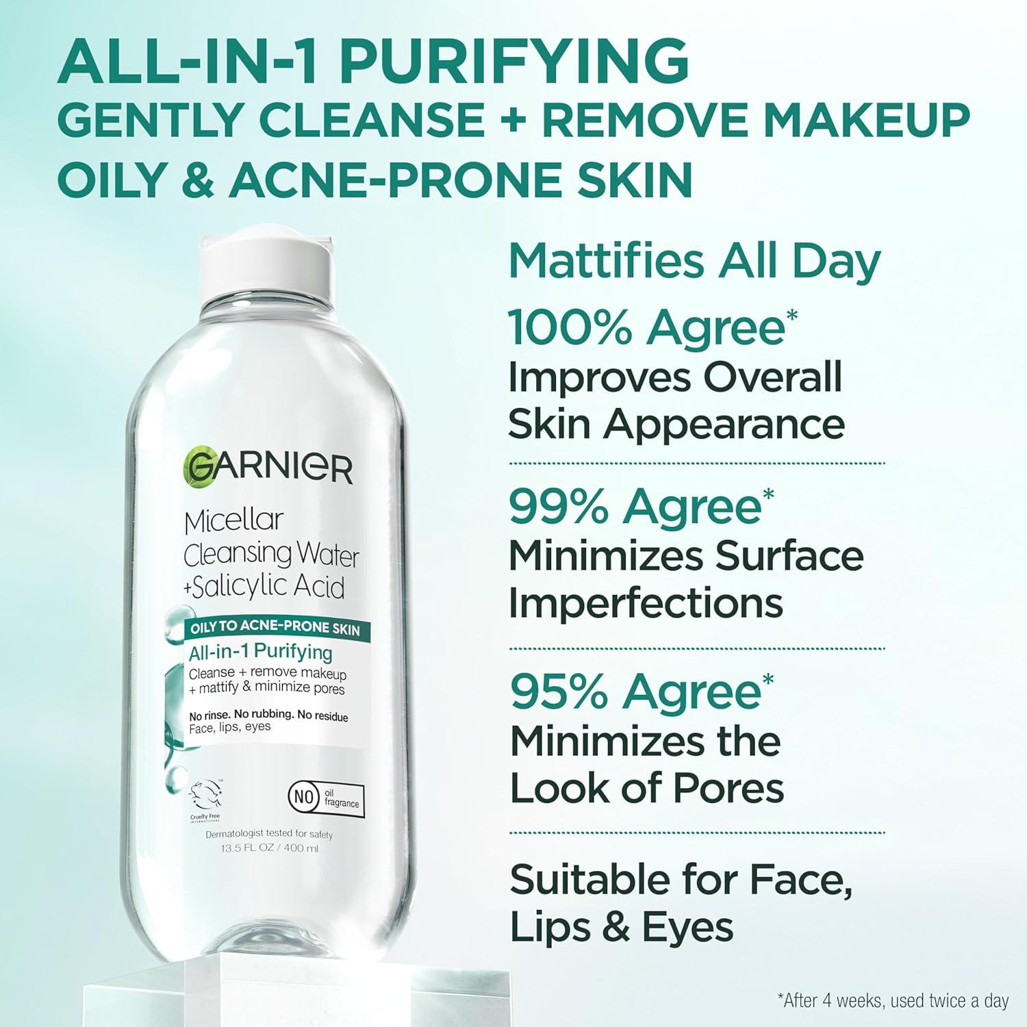 imageGarnier Micellar Water with Salicylic Acid Allin1 Mattifying Facial Cleanser and Makeup Remover for Oily and Acne Prone Skin 135 Fl OzUnscented