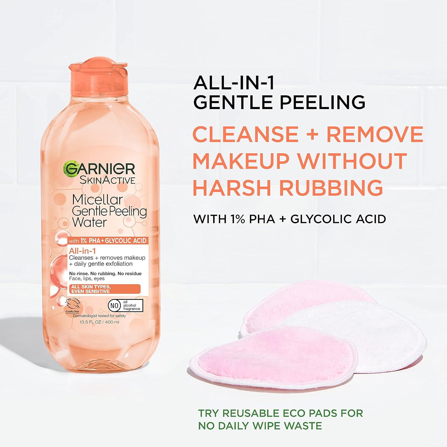 imageGarnier SkinActive Gentle Peeling Micellar Water with 1 PHA and Glycolic Acid Face Exfoliant Facial Cleanser and Makeup Remover 2 Pack