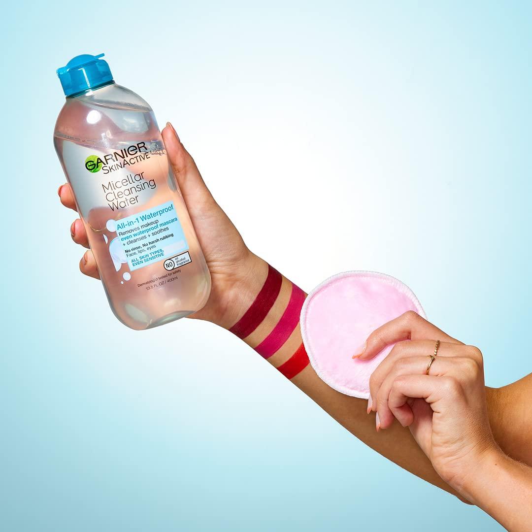 imageGarnier SkinActive Micellar Cleansing Water Allin1 Cleanser ampamp Waterproof Makeup Remover 135 floz 2 pack  EcoPads Packaging May Vary
