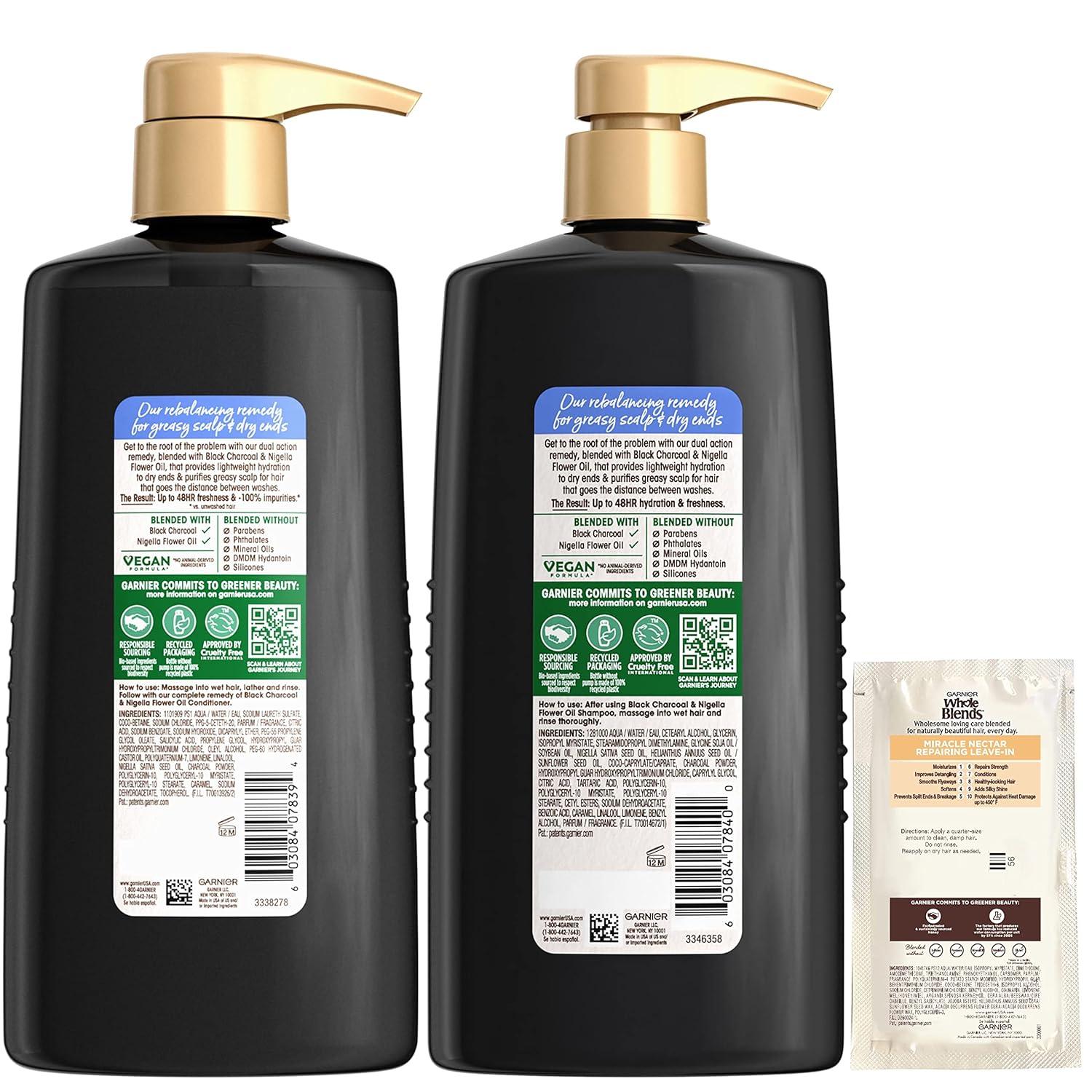 imageGarnier Whole Blends Black Charcoal ampamp Nigella Flower Oil Rebalancing Shampoo and Conditioner Set for Greasy Scalp ampamp Dry Ends with Sample 266 Fl Oz 1 Kit Packaging May Vary