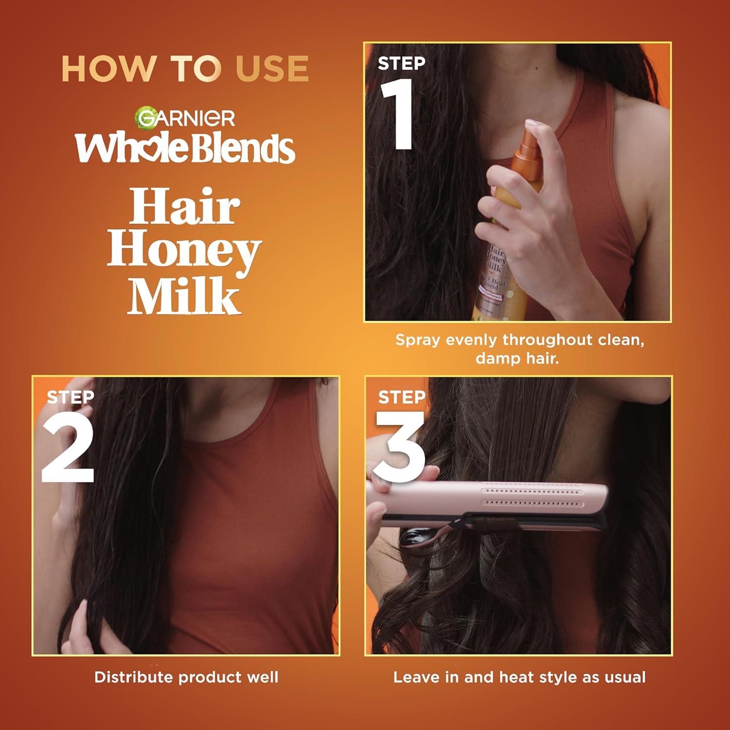 imageGarnier Whole Blends Hair Honey Milk 450F Heat Protectant Spray For All Hair Types With Up To 100 Hrs of Frizz Control 85 Fl Oz 2 CountHoney