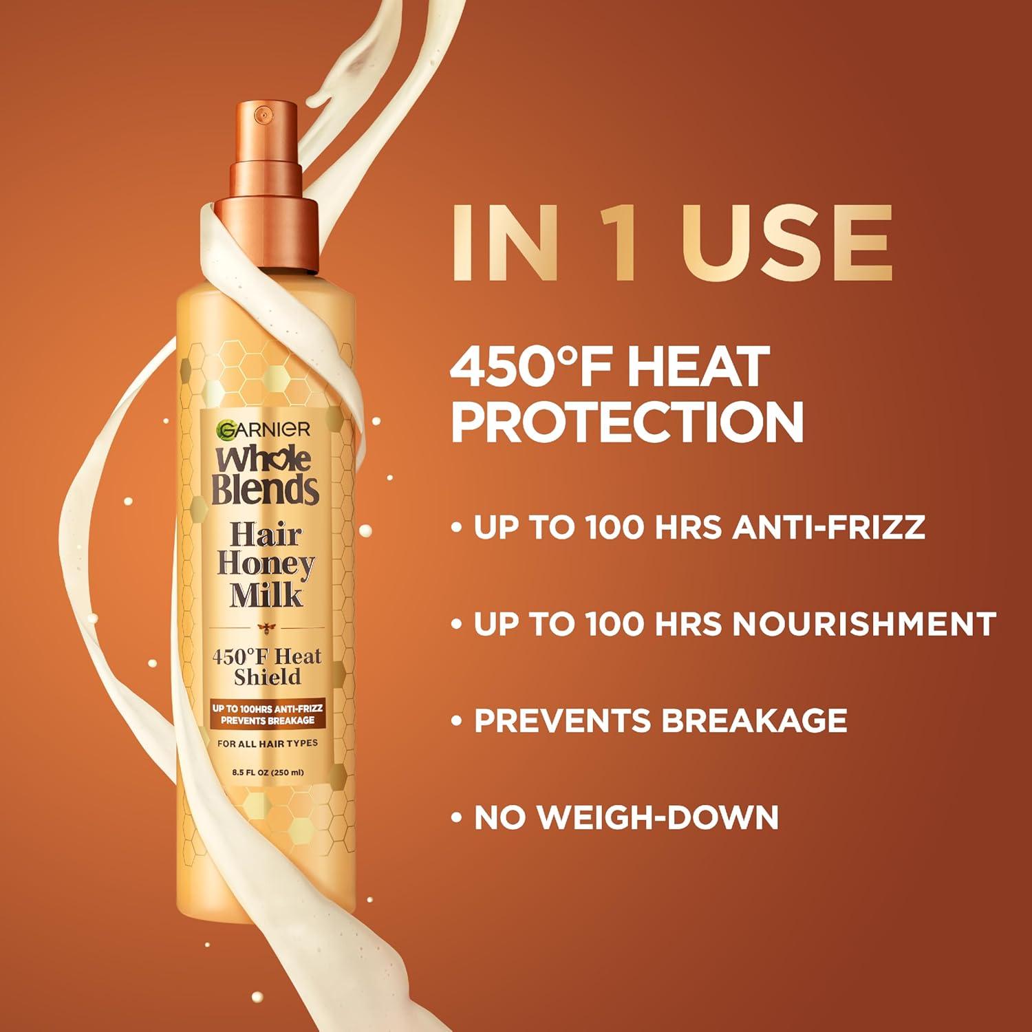 imageGarnier Whole Blends Hair Honey Milk 450F Heat Protectant Spray For All Hair Types With Up To 100 Hrs of Frizz Control 85 Fl Oz 2 CountHoney