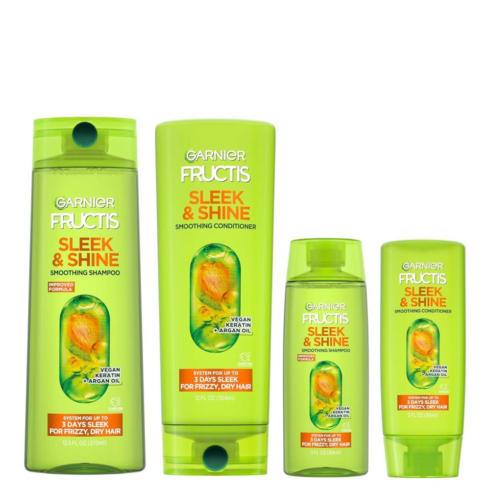 imageGarnier Fructis Sleek ampamp Shine Shampoo 22 Fl Oz  Conditioner 21 Fl Oz Set for Frizzy Dry Hair Plant Keratin  Argan Oil 2 Items 1 Kit Packaging May Vary4 Piece Set Full  Travel Sizes