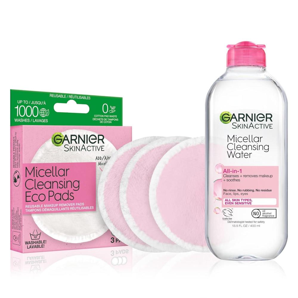 imageGarnier Micellar Water and Eco Pad Starter Kit AllIn1 Facial Cleanser ampamp Makeup Remover and 3 Piece Reusable Makeup Remover Pads Set