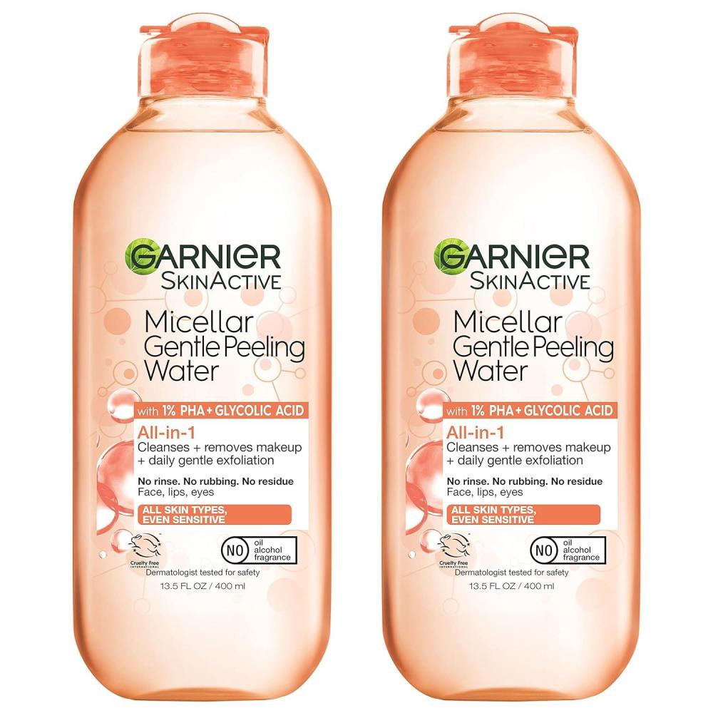imageGarnier SkinActive Gentle Peeling Micellar Water with 1 PHA and Glycolic Acid Face Exfoliant Facial Cleanser and Makeup Remover 2 Pack