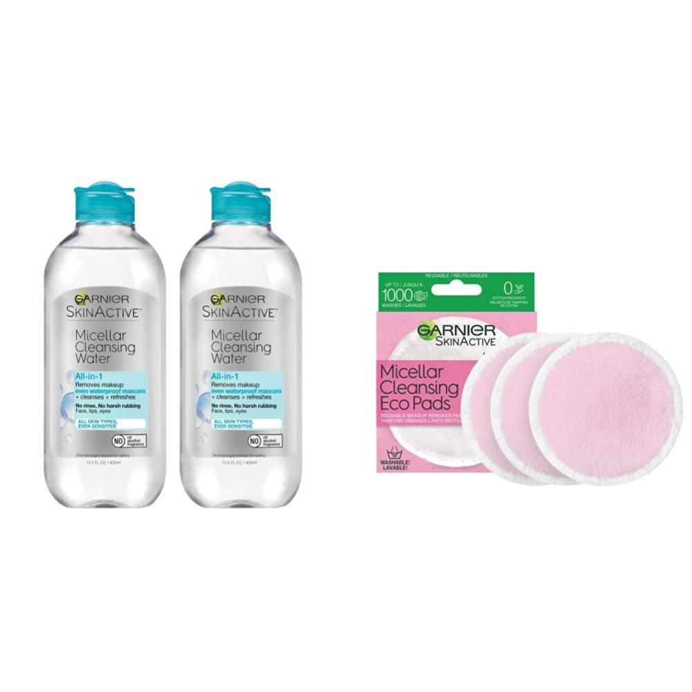 imageGarnier SkinActive Micellar Cleansing Water Allin1 Cleanser ampamp Waterproof Makeup Remover 135 floz 2 pack  EcoPads Packaging May Vary