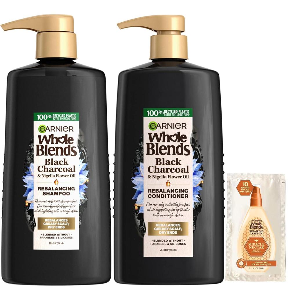 imageGarnier Whole Blends Black Charcoal ampamp Nigella Flower Oil Rebalancing Shampoo and Conditioner Set for Greasy Scalp ampamp Dry Ends with Sample 266 Fl Oz 1 Kit Packaging May Vary