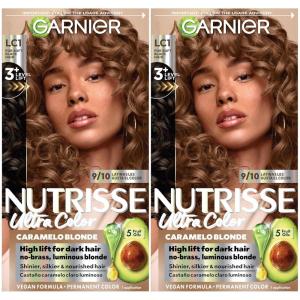 imageGarnier Nutrisse Ultra Color Nourishing Bold Permanent Hair Color Creme LC2 HiLift Dark Blonde Coconut Flan Pack of 2 Hair Dye Kit for 8 Weeks of Bold Hair Color Even on Dark BasesLC1 HiLift Light Brown Salted Caramelo