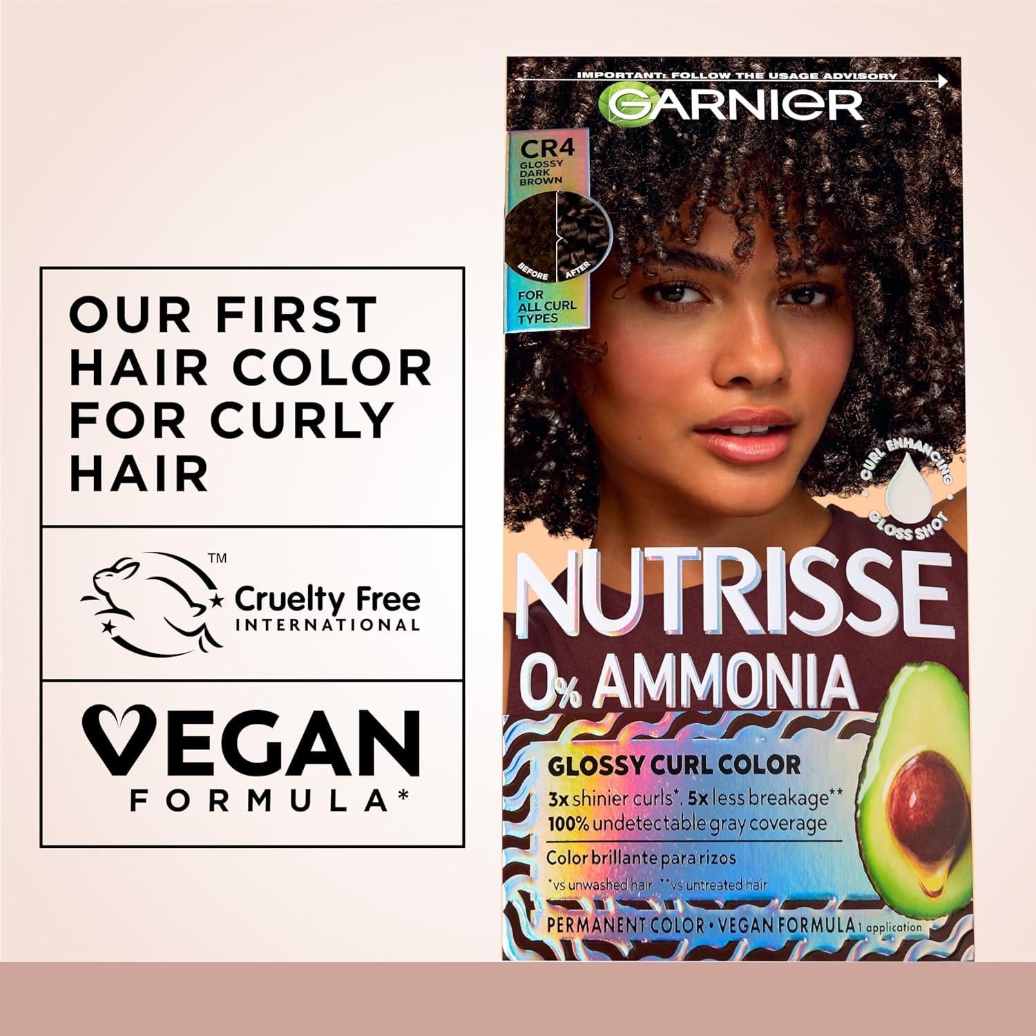 imageGarnier Nutrisse 0 Ammonia Glossy Curl Color Permanent Hair Dye for Curls Vegan Color For 100 Gray Coverage CurlProtecting Formula with Enhancing Oil CR4 Glossy Dark Brown Pack of 2