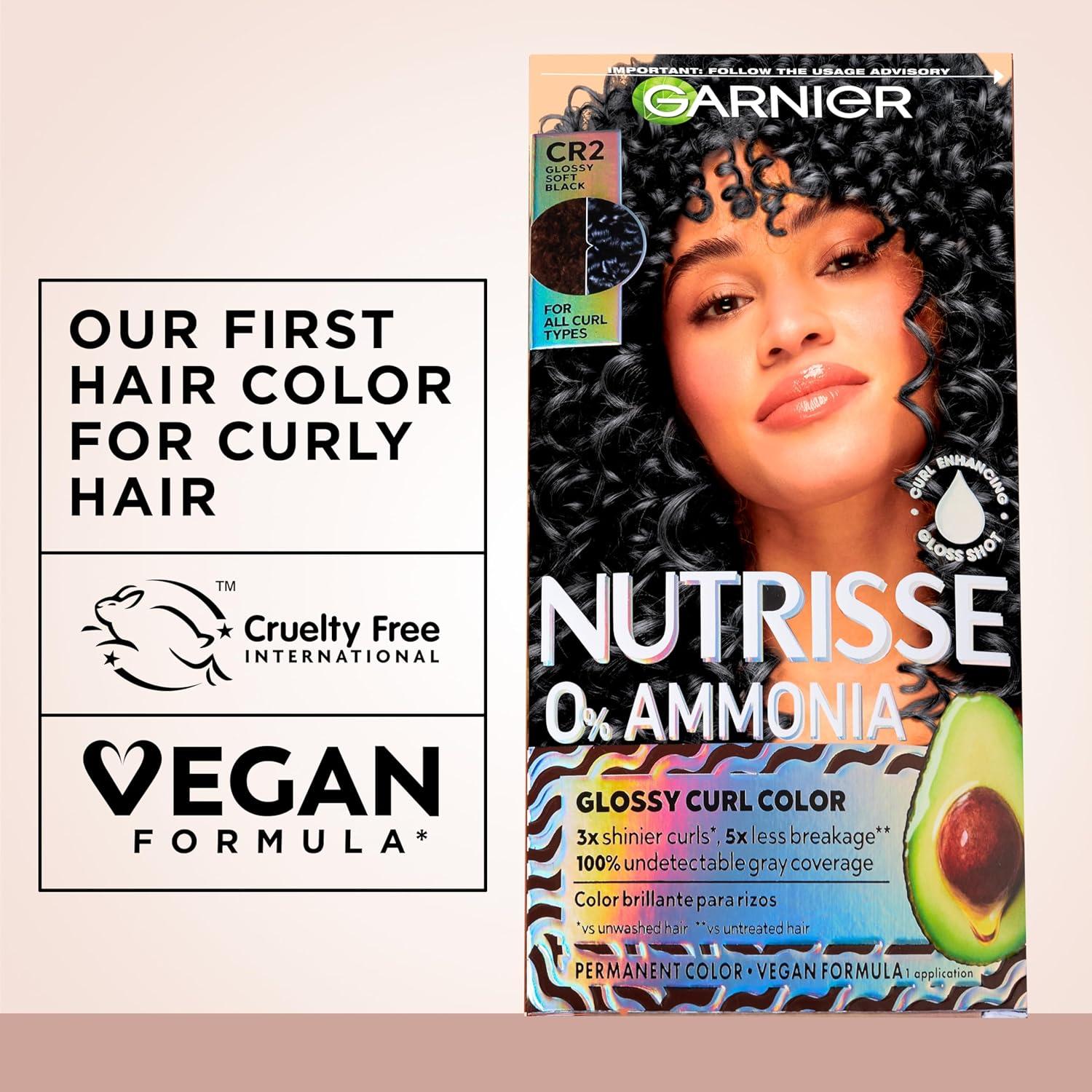 imageGarnier Nutrisse 0 Ammonia Glossy Curl Color Permanent Hair Dye for Curls Vegan Color For 100 Gray Coverage CurlProtecting Formula with Enhancing Oil CR2 Glossy Soft Black Pack of 2