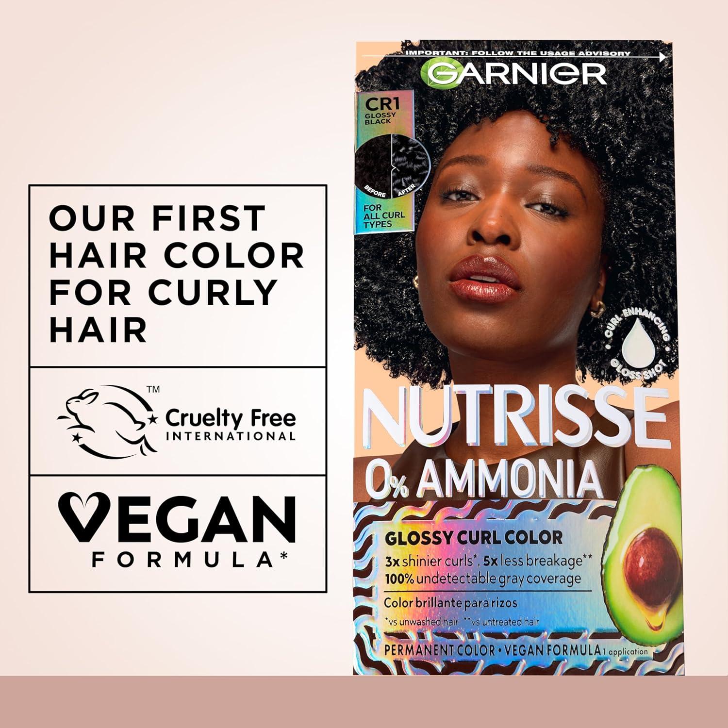 imageGarnier Nutrisse 0 Ammonia Glossy Curl Color Permanent Hair Dye for Curls Vegan Color For 100 Gray Coverage CurlProtecting Formula with Enhancing Oil CR1 Glossy Black Pack of 2