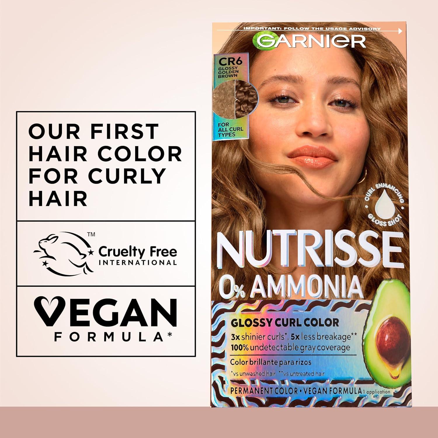 imageGarnier Nutrisse 0 Ammonia Glossy Curl Color Permanent Hair Dye for Curls Vegan Color For 100 Gray Coverage CurlProtecting Formula with Enhancing Oil CR6 Glossy Golden Brown Pack of 2