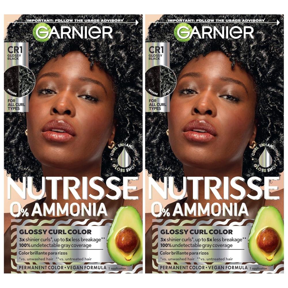 imageGarnier Nutrisse 0 Ammonia Glossy Curl Color Permanent Hair Dye for Curls Vegan Color For 100 Gray Coverage CurlProtecting Formula with Enhancing Oil CR1 Glossy Black Pack of 2