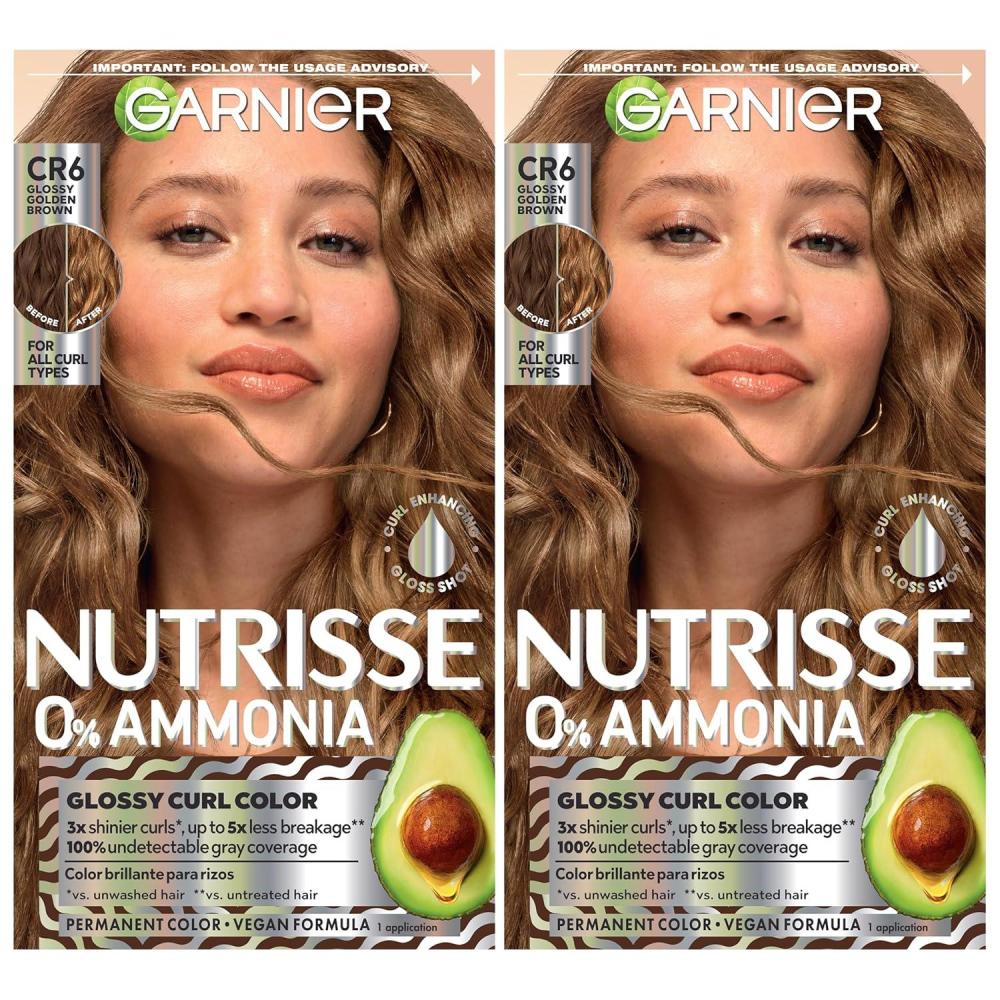 imageGarnier Nutrisse 0 Ammonia Glossy Curl Color Permanent Hair Dye for Curls Vegan Color For 100 Gray Coverage CurlProtecting Formula with Enhancing Oil CR6 Glossy Golden Brown Pack of 2