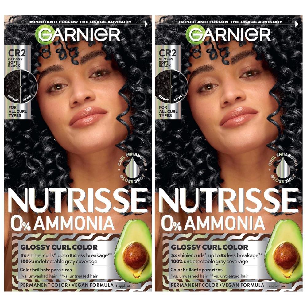 imageGarnier Nutrisse 0 Ammonia Glossy Curl Color Permanent Hair Dye for Curls Vegan Color For 100 Gray Coverage CurlProtecting Formula with Enhancing Oil CR2 Glossy Soft Black Pack of 2